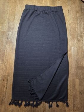 FreeWPurch Waffle Tassel Hem Midi Skirt With Slit